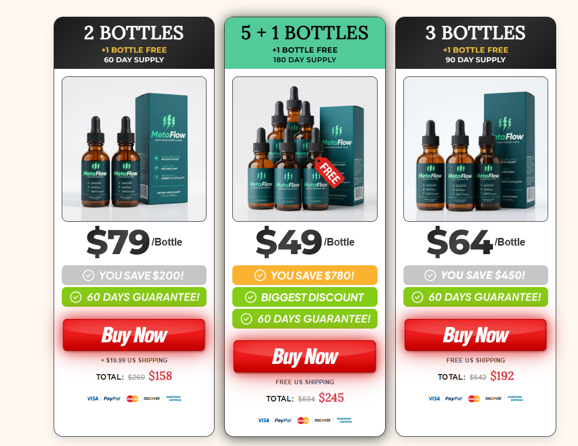MetaFlow pricing table showing all package options and prices