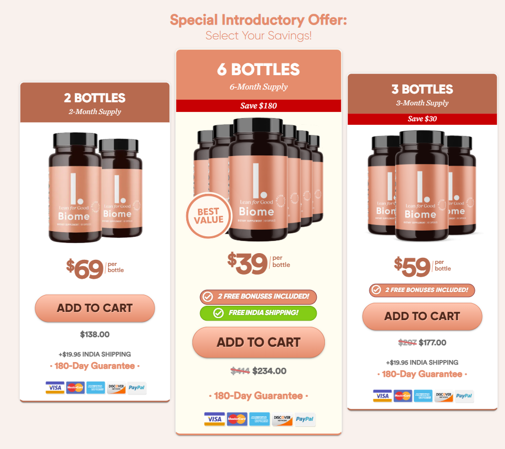 LeanBiome® official pricing table — 1, 3, and 6 bottle packages with savings