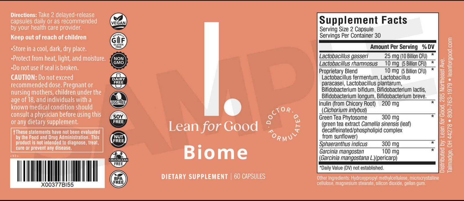 LeanBiome® supplement facts panel — complete ingredient label with 9 lean bacteria strains