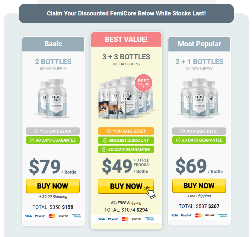 FemiCore pricing table — 1 bottle, 3 bottle, and 6 bottle USA pricing with discount